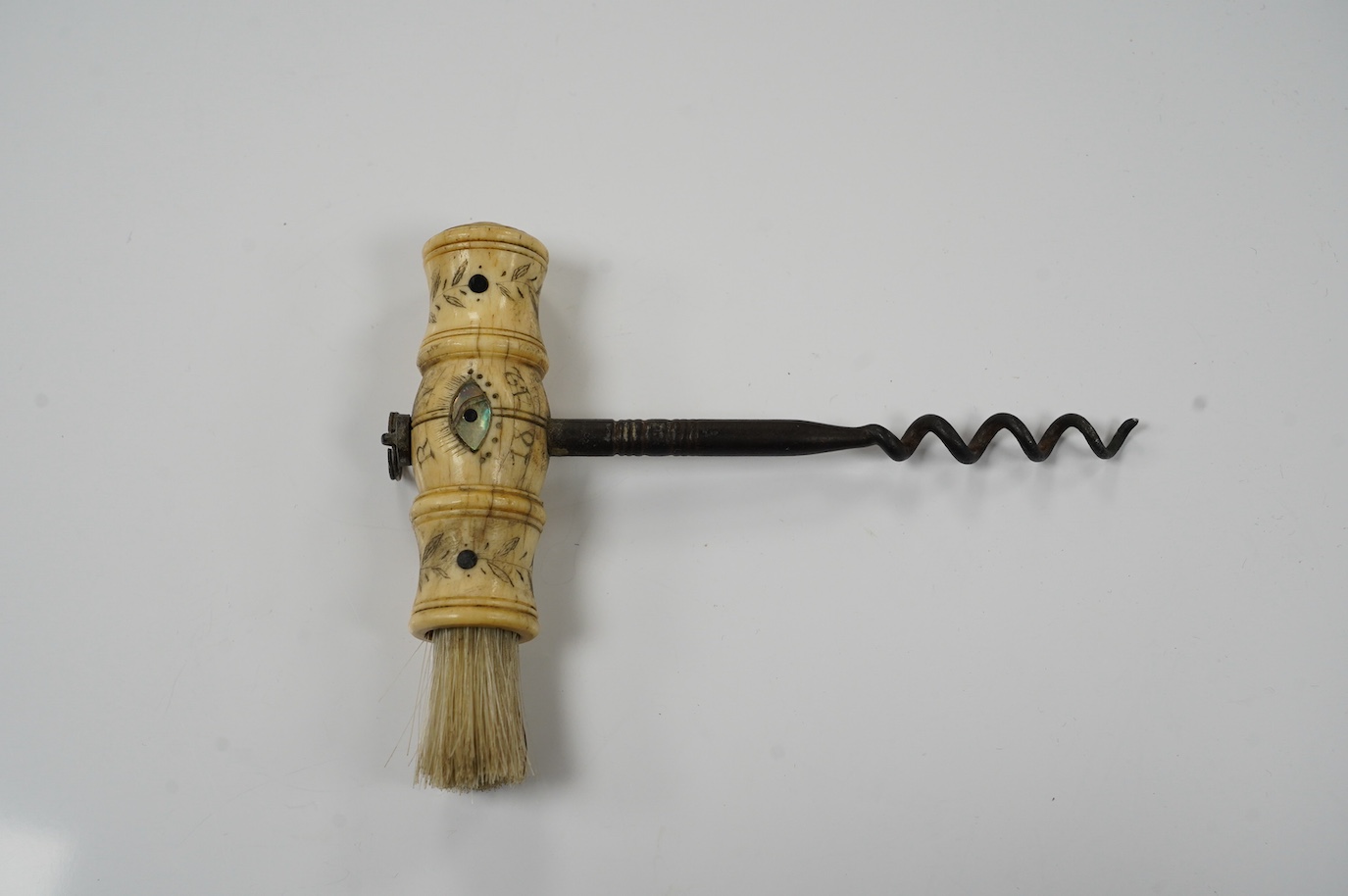 A Victorian bone handled corkscrew, inscribed 'Bark Salem, R.V. 1842'. Condition - good